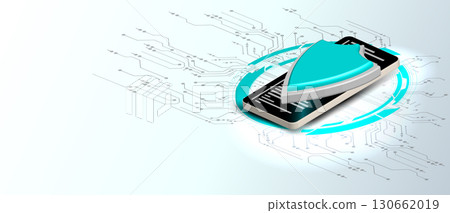 A mobile device is depicted with a shield symbol, representing strong cybersecurity features. The background features a circuit pattern emphasizing technological advancement in digital safety 130662019