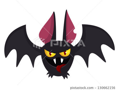 Cartoon black funny flying bat. Halloween vector bat vampire 130662156