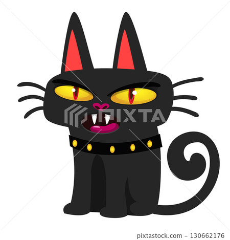 Cartoon black witch cat. Halloween illustration of funny kitty with yellow eyes Cartoon black witch cat. Halloween illustration of funny kitty with yellow eyes 130662176