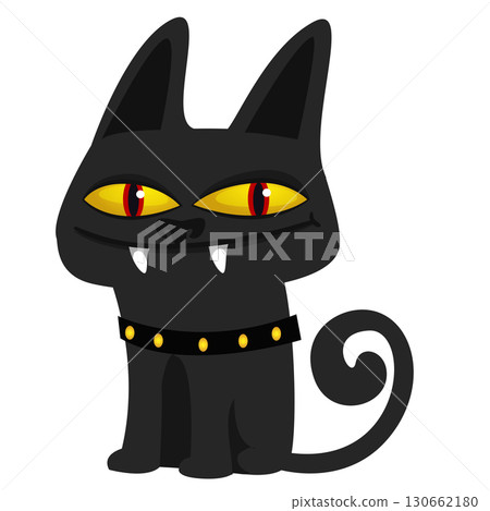 Cartoon black witch cat. Halloween illustration of funny kitty with yellow eyes 130662180