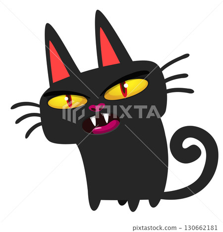 Cartoon black witch cat. Halloween illustration of funny kitty with yellow eyes 130662181
