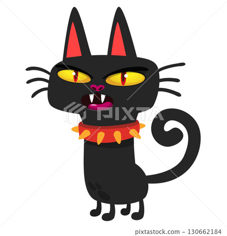 Cartoon black witch cat. Halloween illustration of funny kitty with yellow eyes 130662184