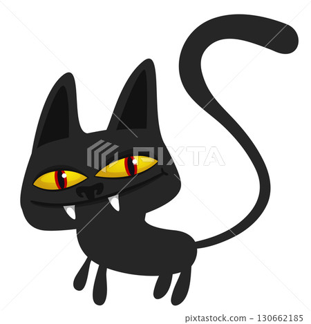 Cartoon black witch cat. Halloween illustration of funny kitty with yellow eyes 130662185