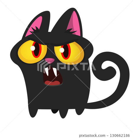 Cartoon black witch cat. Halloween illustration of funny kitty with yellow eyes 130662186