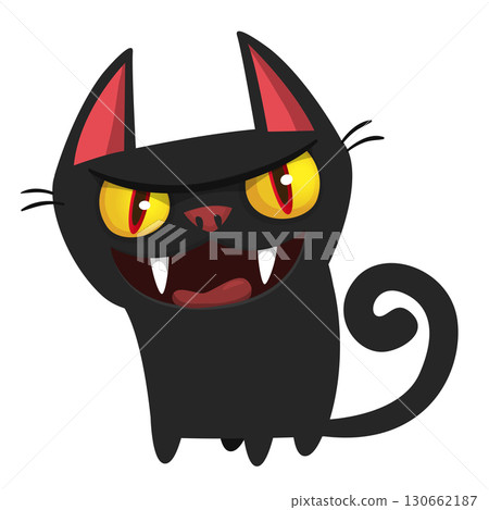 Cartoon black witch cat. Halloween illustration of funny kitty with yellow eyes 130662187