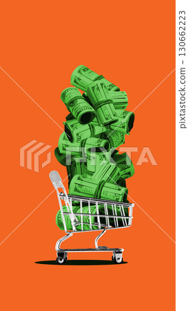 Contemporary collage. Hand with chopsticks lifting roll of dollars from money rolls 130662223