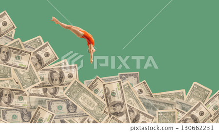 Surreal collage. Female diver in red swimsuit diving into pile of dollar bills 130662231