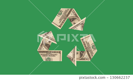Minimalist artwork. Recycled dollar bills forming eco symbol on green background Minimalist artwork. Recycled dollar bills forming eco symbol on green background 130662237