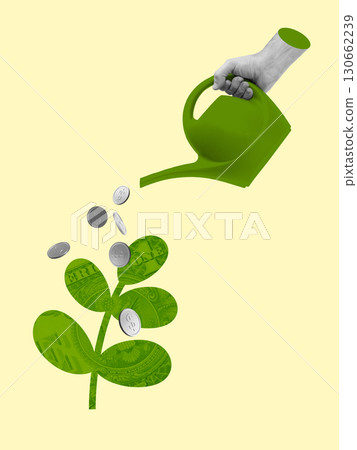 Digital artwork. Hand watering plant with dollar leaves and coins falling on yellow background Digital artwork. Hand watering plant with dollar leaves and coins falling on yellow background 130662239