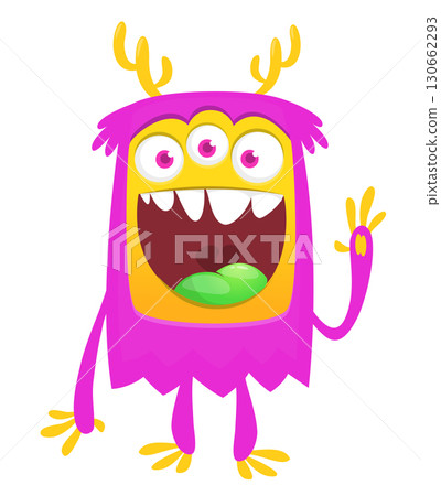 Cartoon cute monster with funny excited face expression waving hands . Vector illustration isolated on white. Halloween design Cartoon cute monster with funny excited face expression waving hands . Vector illustration isolated on white. Halloween design 130662293