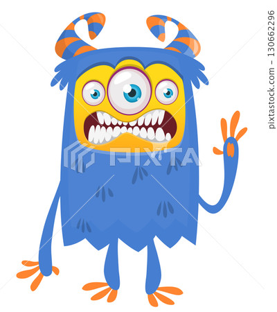 Cartoon cute monster with funny excited face expression waving hands . Vector illustration isolated on white. Halloween design 130662296
