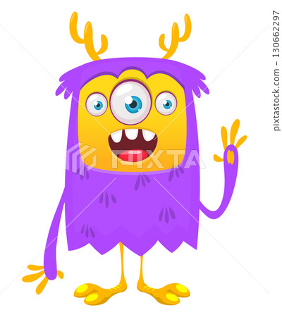 Cartoon cute monster with funny excited face expression waving hands . Vector illustration isolated on white. Halloween design 130662297