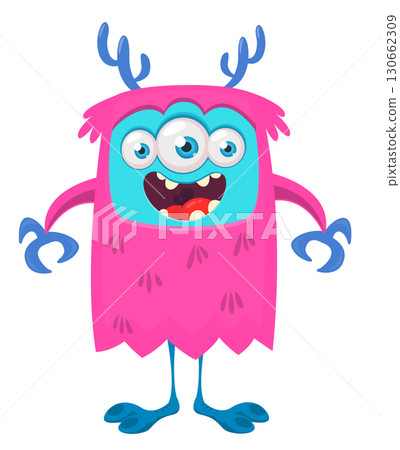 Cartoon cute monster with funny excited face expression waving hands . Vector illustration isolated on white. Halloween design Cartoon cute monster with funny excited face expression waving hands . Vector illustration isolated on white. Halloween design 130662309