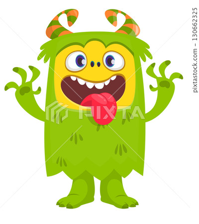 Cartoon happy monster with long tongue sticking out of the mouth. Vector illustration isolated on white. For Halloween party or package design. 130662325