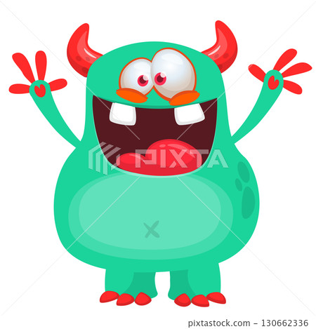 Cartoon cute monster with funny excited face expression waving hands . Vector illustration isolated on white. Halloween design Cartoon cute monster with funny excited face expression waving hands . Vector illustration isolated on white. Halloween design 130662336