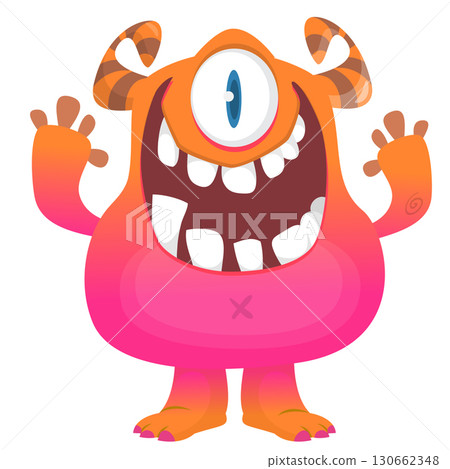 Cartoon cute monster with funny excited face expression waving hands . Vector illustration isolated on white. Halloween design Cartoon cute monster with funny excited face expression waving hands . Vector illustration isolated on white. Halloween design 130662348