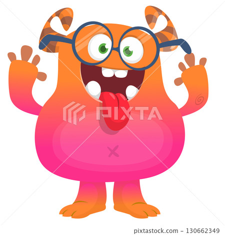 Cartoon cute monster with funny excited face expression waving hands . Vector illustration isolated on white. Halloween design Cartoon cute monster with funny excited face expression waving hands . Vector illustration isolated on white. Halloween design 130662349