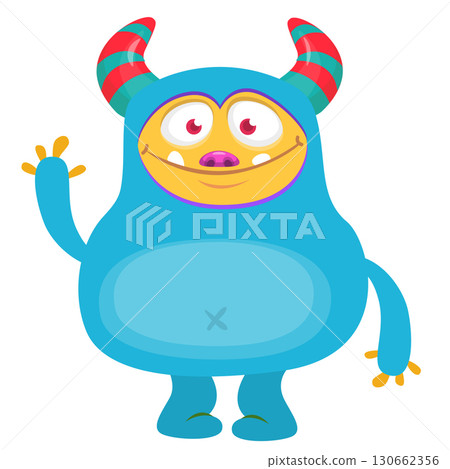 Cartoon cute monster with funny excited face expression waving hands . Vector illustration isolated on white. Halloween design 130662356