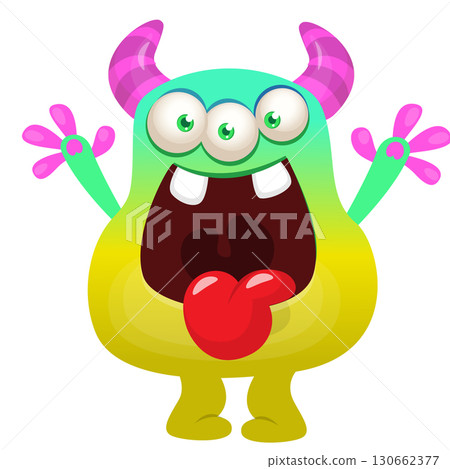 Funny cartoon monster character design showing long tongue. Illustration of cute and happy creature design for Halloween party decoration or package design Funny cartoon monster character design showing long tongue. Illustration of cute and happy creature design for Halloween party decoration or package design 130662377