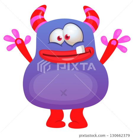 Cartoon cute monster with funny excited face expression waving hands . Vector illustration isolated on white. Halloween design 130662379