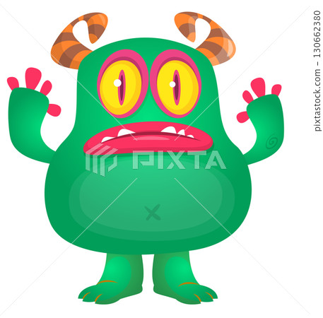 Cartoon cute green alien creature with funny face expression waving hands . 130662380