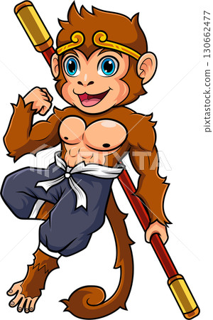 Cartoon Monkey King Poses With Staff 130662477