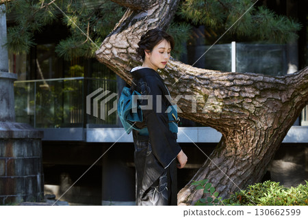 A woman in a kimono standing in front of a pine tree | Japanese garden, Japanese style, portrait A woman in a kimono standing in front of a pine tree | Japanese garden, Japanese style, portrait 130662599