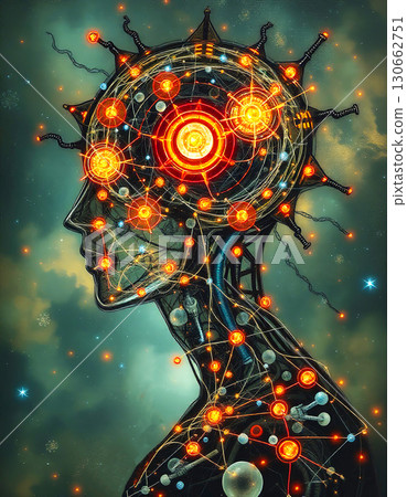 A futuristic humanoid figure with a glowing cosmic background filled with stars and nebulae inside 130662751
