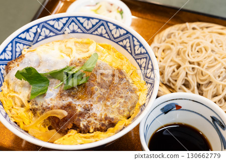 A delicious soba restaurant's pork cutlet bowl and soba set 130662779