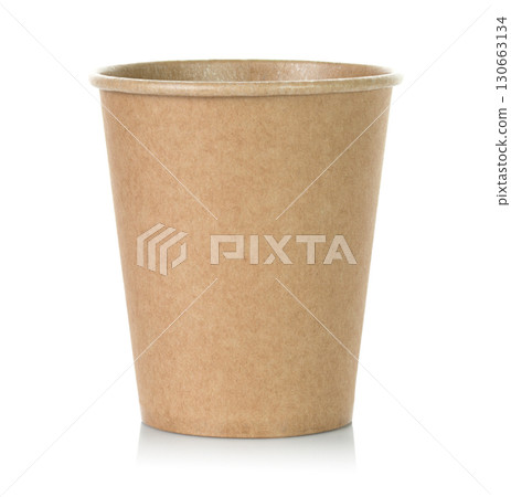 Kraft paper cup for coffee or tea, isolated on transparent background, full focus stacking for sharp detail and texture 130663134