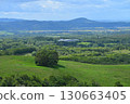 A rural town in Hokkaido overlooked from a ranch hill overlooking the mountain ridges 130663405