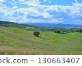 A rural town in Hokkaido overlooked from a ranch hill overlooking the mountain ridges 130663407