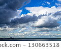 Storm clouds over lake and industrial skyline with power plant 130663518