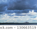 Storm clouds over lake and industrial skyline with power plant 130663519