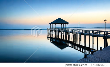 湖畔碼頭和落日的天空，一片寧靜的水邊景色 130663609