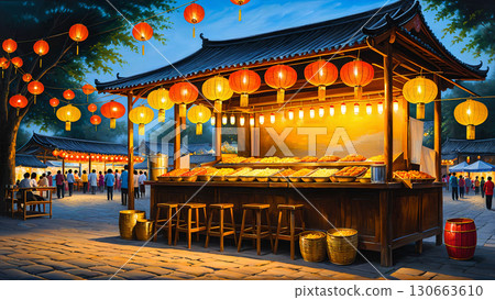 熱鬧的夜市攤位和燈籠 熱鬧的夜市攤位和燈籠 130663610