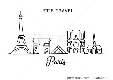 A chic, minimalist continuous one-line drawing of the Paris skyline with famous landmarks like the Eiffel Tower 130663888