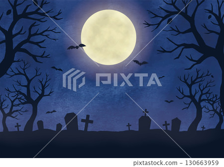 Watercolor illustration of a graveyard on a Halloween full moon night 130663959