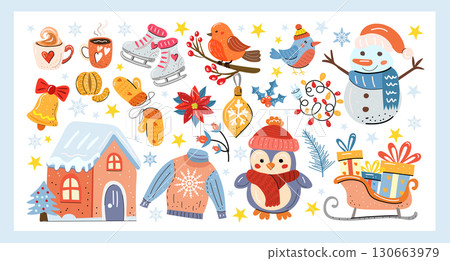 Winter holiday clipart set with cute penguin, snowman, Christmas house, presents, cocoa mugs, mittens and ice skates. Festive vector collection for cards, prints, stickers and design. 130663979