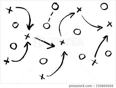Sports tactic plan, game strategy layout with arrows, hand drawn playbook design. Perfect for soccer training, team coordination, and coaching graphics, ideal for sport print. Sports tactic plan, game strategy layout with arrows, hand drawn playbook design. Perfect for soccer training, team coordination, and coaching graphics, ideal for sport print. 130664008