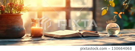 Mystical arrangement with a spellbook crystal ball and quill pen on rustic wood 130664068
