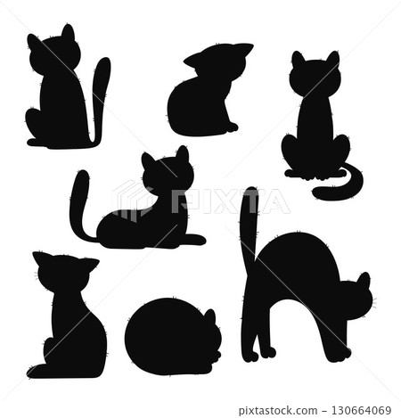 Black Cat Silhouette Collection. Isolated Pet drawings in different poses. Vector illustration. Perfect for Halloween, decoration, witchcraft, spooky themes, and creative design project. Not AI Black Cat Silhouette Collection. Isolated Pet drawings in different poses. Vector illustration. Perfect for Halloween, decoration, witchcraft, spooky themes, and creative design project. Not AI 130664069