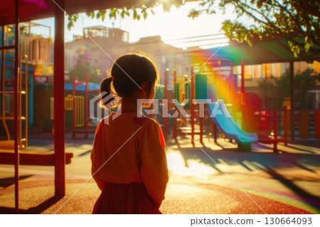 Girl with pigtails enjoys a sunlit playground filled with laughter and joy during golden hour 130664093