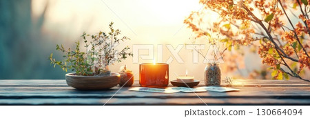 Collection of enchanted objects on a rustic table with candle and tarot cards during sunset 130664094