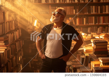 Middle aged man enjoying sunlight in a cozy library filled with books and warmth Middle aged man enjoying sunlight in a cozy library filled with books and warmth 130664103