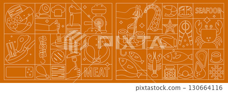 Meat and Fish illustration in Geometric Line art Style, Butcher and Seafood Pattern Set, Seamless Prints Meat and Fish illustration in Geometric Line art Style, Butcher and Seafood Pattern Set, Seamless Prints 130664116