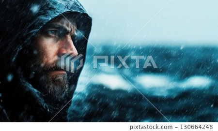 Bearded mature caucasian male in hooded raincoat staring into stormy sea 130664248