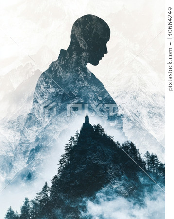 Double exposure silhouette of male figure over majestic mountain landscape Double exposure silhouette of male figure over majestic mountain landscape 130664249