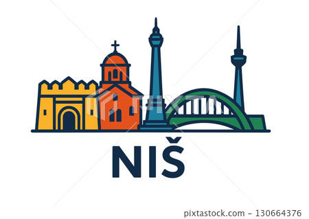 Nis city skyline with iconic buildings and landmarks Nis city skyline with iconic buildings and landmarks 130664376