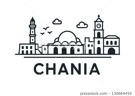 Chania skyline with lighthouse, mosque, harbor and old town silhouette 130664456